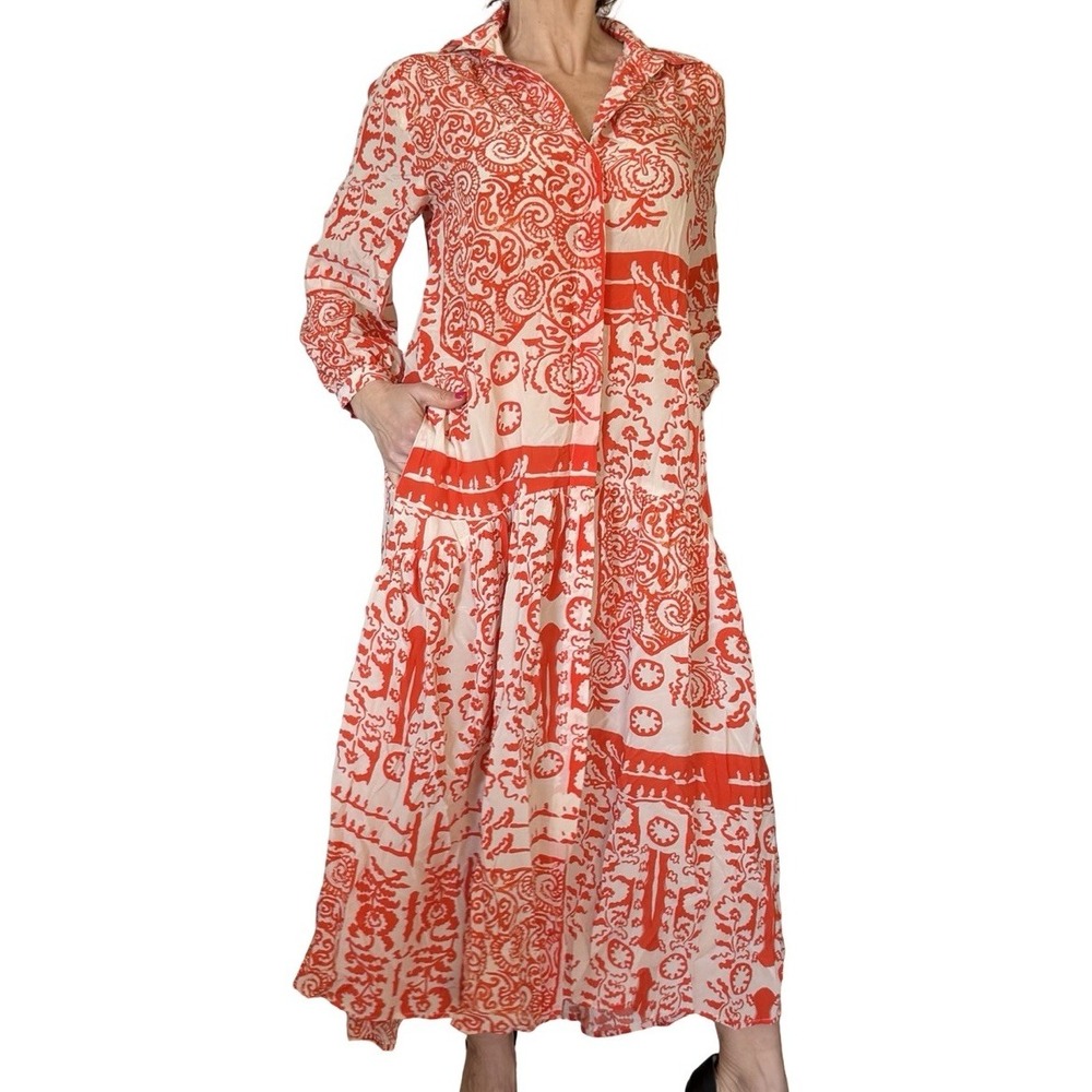Anthropologie Beatrice B Red Floral Paisley Shirt Dress Silk  Midi Maxi Red 2